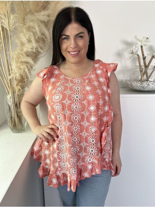 River Island (L) Tüdőszínű Fehér Horgoltmintás, Hátul Nyakban Gombos 100% Pamut, Fodros Szegélyű Felső