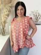 River Island (L) Tüdőszínű Fehér Horgoltmintás, Hátul Nyakban Gombos 100% Pamut, Fodros Szegélyű Felső