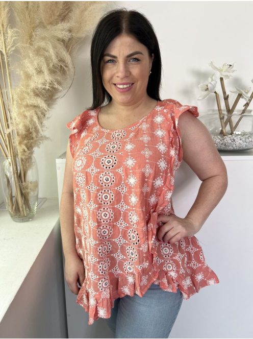 River Island (L) Tüdőszínű Fehér Horgoltmintás, Hátul Nyakban Gombos 100% Pamut, Fodros Szegélyű Felső