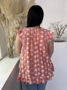 River Island (L) Tüdőszínű Fehér Horgoltmintás, Hátul Nyakban Gombos 100% Pamut, Fodros Szegélyű Felső