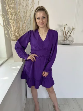   ÚJ New Look (M) Lila Oldalt Cipzáros, Fodros Szegélyű Mellnél Díszgombos, Buggyos Ujjú Ruha