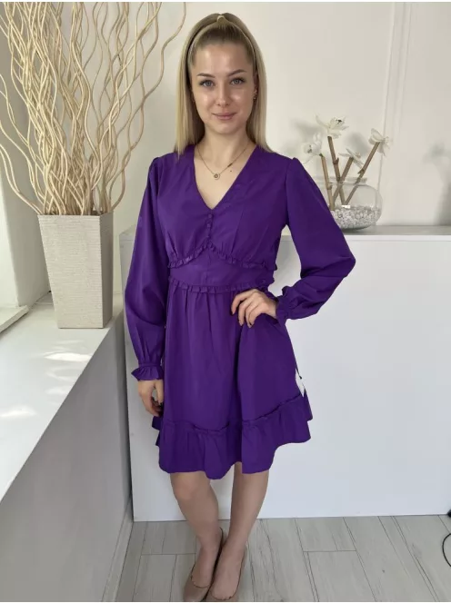 ÚJ New Look (M) Lila Oldalt Cipzáros, Fodros Szegélyű Mellnél Díszgombos, Buggyos Ujjú Ruha