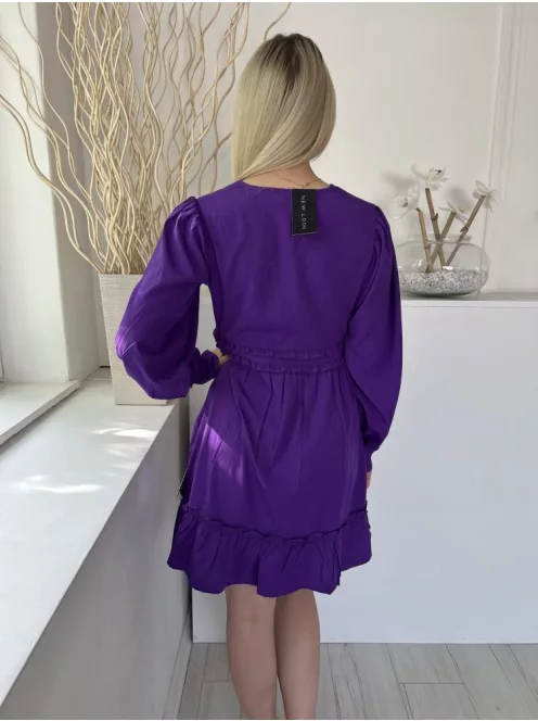 ÚJ New Look (M) Lila Oldalt Cipzáros, Fodros Szegélyű Mellnél Díszgombos, Buggyos Ujjú Ruha