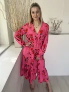 Estee Brown (M) Rózsaszín Piros Virágos, Mellnél Gombos Gumisderekú, Fodros Aljú Ruha