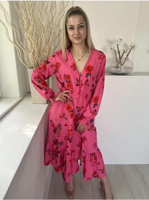 Estee Brown (M) Rózsaszín Piros Virágos, Mellnél Gombos Gumisderekú, Fodros Aljú Ruha