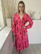 Estee Brown (M) Rózsaszín Piros Virágos, Mellnél Gombos Gumisderekú, Fodros Aljú Ruha