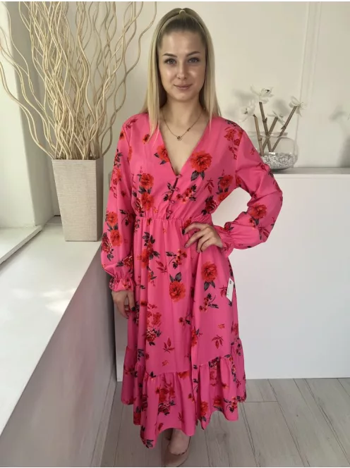 Estee Brown (M) Rózsaszín Piros Virágos, Mellnél Gombos Gumisderekú, Fodros Aljú Ruha