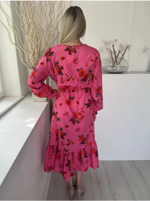 Estee Brown (M) Rózsaszín Piros Virágos, Mellnél Gombos Gumisderekú, Fodros Aljú Ruha