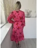   Estee Brown (M) Rózsaszín Piros Virágos, Mellnél Gombos Gumisderekú, Fodros Aljú Ruha