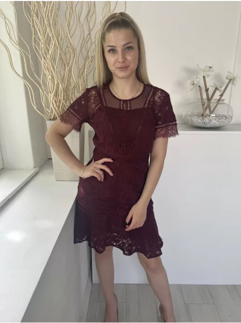 (M) Bordó Kívül Csipkés, Bélelt Hátul Cipzáros, Kerek Nyakú Ruha