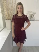 (M) Bordó Kívül Csipkés, Bélelt Hátul Cipzáros, Kerek Nyakú Ruha