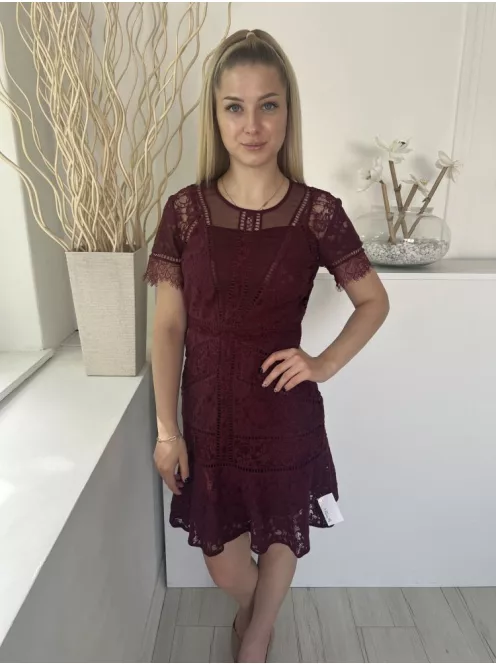 (M) Bordó Kívül Csipkés, Bélelt Hátul Cipzáros, Kerek Nyakú Ruha