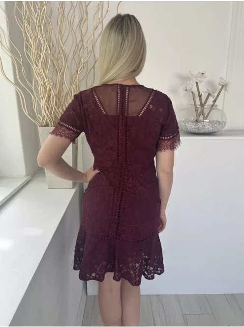 (M) Bordó Kívül Csipkés, Bélelt Hátul Cipzáros, Kerek Nyakú Ruha