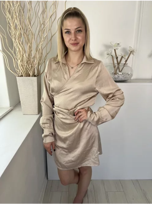 ÚJ I Saw It First (M) Világosbarna Átlapolt, Oldalt Megkötős Galléros, Szatén Anyagú Ruha