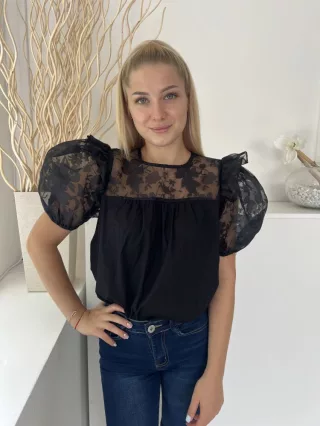   River Island (S) Fekete Hátul Nyakban Gombos, Felül és az Ujján Organza Anyagú 90% Pamut Alapanyagú Felső