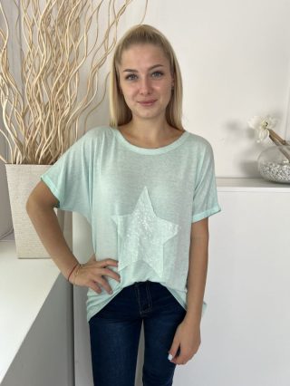   (M) Menta Színű Elől Csillagmintás, Flitteres Enyhén Áttetsző Felső