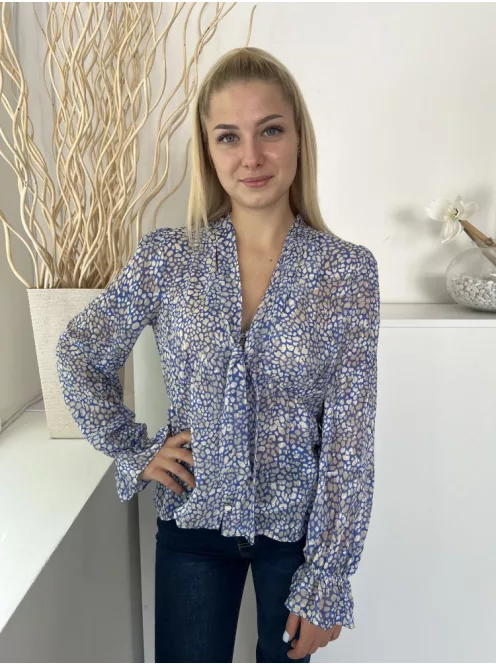 River Island (S) Kék Fehér Sűrű Foltmintás, Elől Végig Gombos Nyakban Megköthető, Tölcséres Ujjvégű Felső