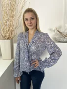 River Island (S) Kék Fehér Sűrű Foltmintás, Elől Végig Gombos Nyakban Megköthető, Tölcséres Ujjvégű Felső
