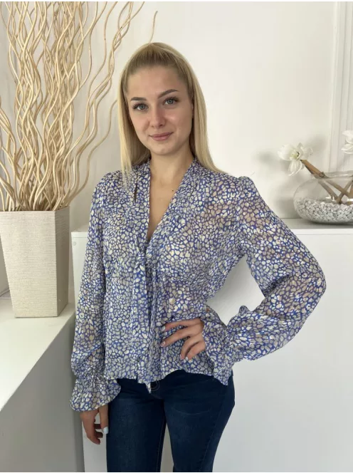 River Island (S) Kék Fehér Sűrű Foltmintás, Elől Végig Gombos Nyakban Megköthető, Tölcséres Ujjvégű Felső