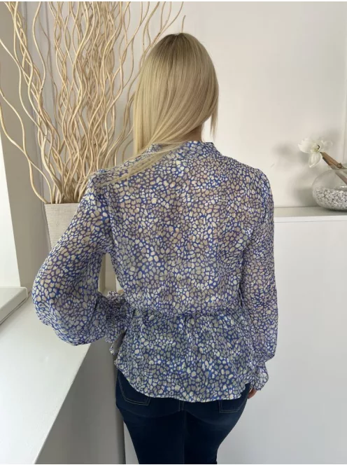 River Island (S) Kék Fehér Sűrű Foltmintás, Elől Végig Gombos Nyakban Megköthető, Tölcséres Ujjvégű Felső