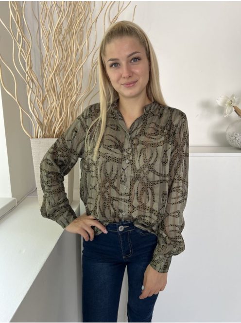 H&M (S) Khaki Mintás, Elől Végig Gombos Enyhén Áttetsző, Kerekített Aljú Felső