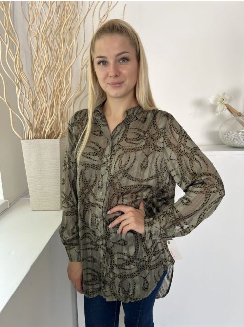 H&M (S) Khaki Mintás, Elől Végig Gombos Enyhén Áttetsző, Kerekített Aljú Felső