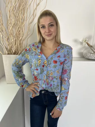   Oasis (S) Kék Színes Virágmintás, Elől Végig Gombos Hátul Keresztlapolású, Mellnél Zsebes Felső