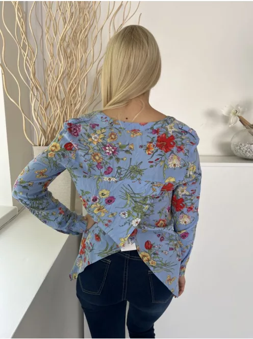 Oasis (S) Kék Színes Virágmintás, Elől Végig Gombos Hátul Keresztlapolású, Mellnél Zsebes Felső