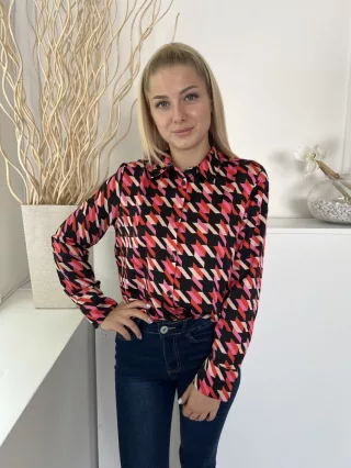   Primark (M) Fekete Rózsaszín-Piros Tyúklábmintás Elől Végig Gombos, Galléros Felső