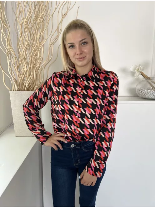 Primark (M) Fekete Rózsaszín-Piros Tyúklábmintás Elől Végig Gombos, Galléros Felső