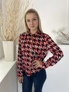 Primark (M) Fekete Rózsaszín-Piros Tyúklábmintás Elől Végig Gombos, Galléros Felső