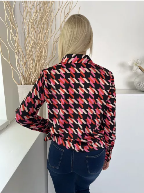 Primark (M) Fekete Rózsaszín-Piros Tyúklábmintás Elől Végig Gombos, Galléros Felső