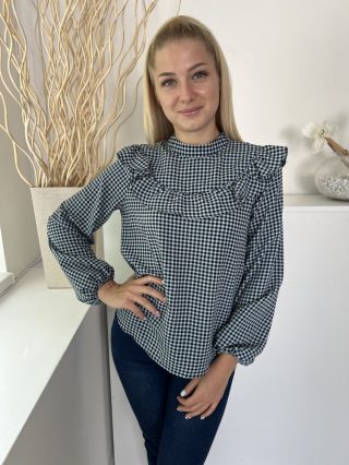   TopShop (S) Világoskék Fekete Apró Kockás, Fodros Szegélyű Hátul Nyakban Gombos, Gumis Ujjvégű Felső