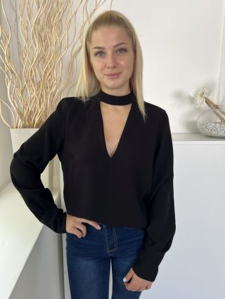   ZARA (S) Fekete Mellnél Kivágott, Hátul Nyakban Gombos Mellbevarrásos Felső