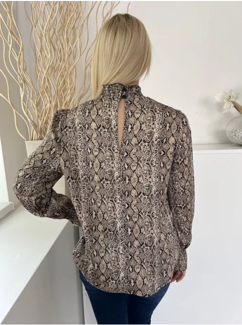 Rant&Rave (M) Barna Kígyóbőrmintás, Nyakban Darázsolt Hátul Gombos, Tölcséres Ujjvégű Felső