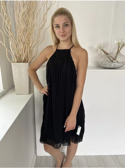 New Look (M) Fekete Hátul Nyitott, Nyakban Gombos Pliszírozott, Bélelt Ruha