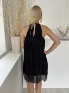 New Look (M) Fekete Hátul Nyitott, Nyakban Gombos Pliszírozott, Bélelt Ruha