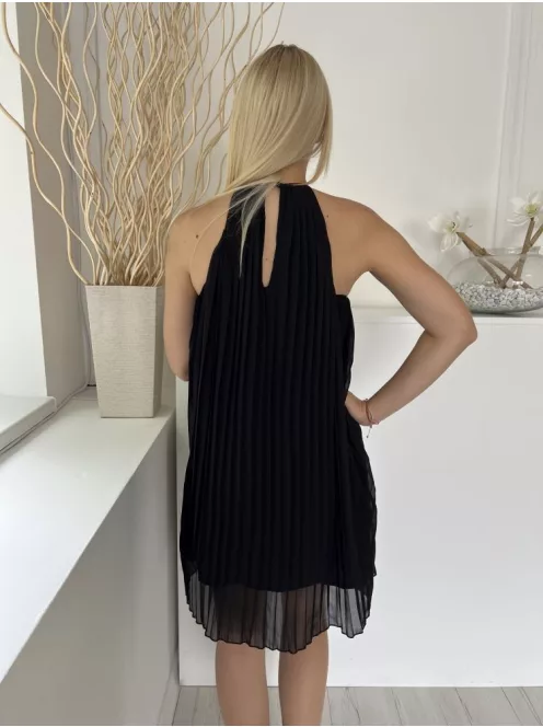 New Look (M) Fekete Hátul Nyitott, Nyakban Gombos Pliszírozott, Bélelt Ruha