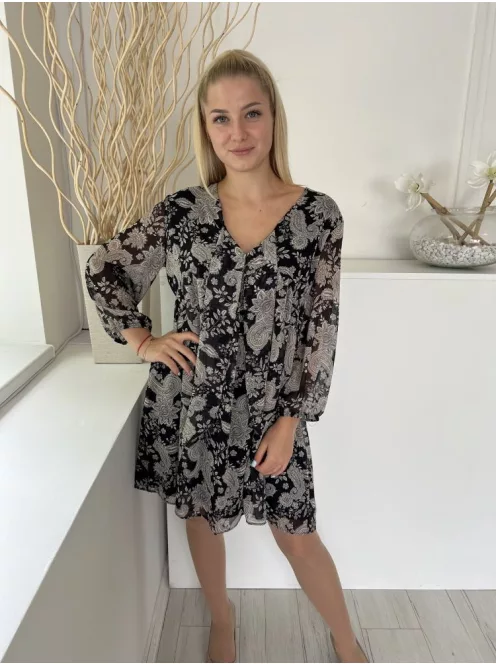 Primark (M) Fekete Drapp Mintás, elől Díszmegkötős Gumis Ujjvégű, Bélelt Ruha