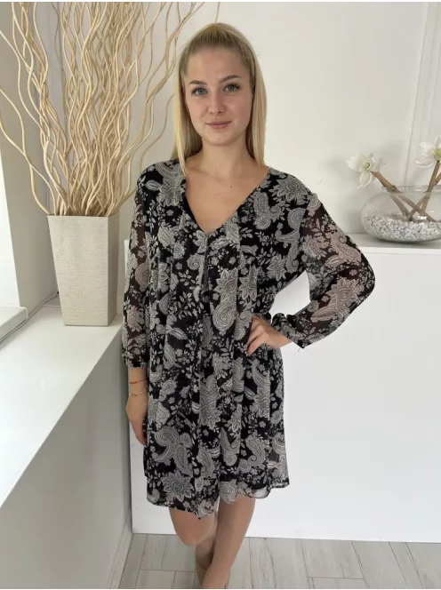 Primark (M) Fekete Drapp Mintás, elől Díszmegkötős Gumis Ujjvégű, Bélelt Ruha