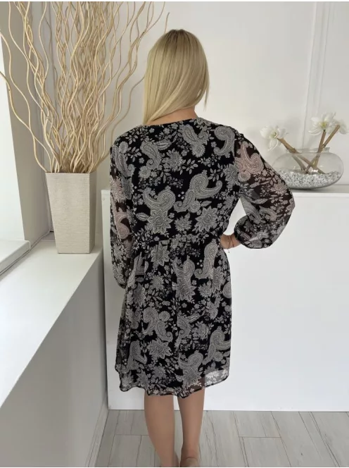 Primark (M) Fekete Drapp Mintás, elől Díszmegkötős Gumis Ujjvégű, Bélelt Ruha