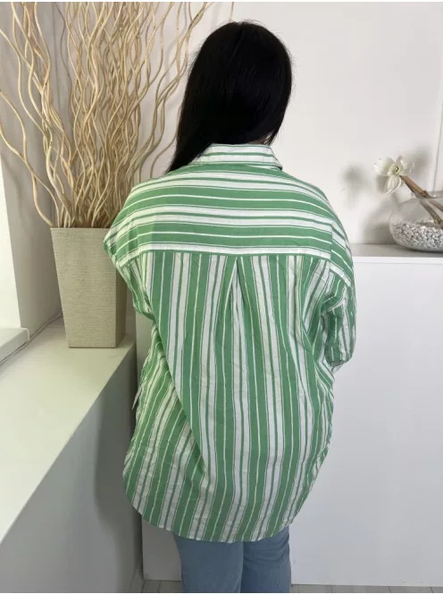 Asos (M) Zöld Fehér Csíkos, Elől Végig Gombos Mellnél Zsebes, Galléros, 100% Pamut Felső