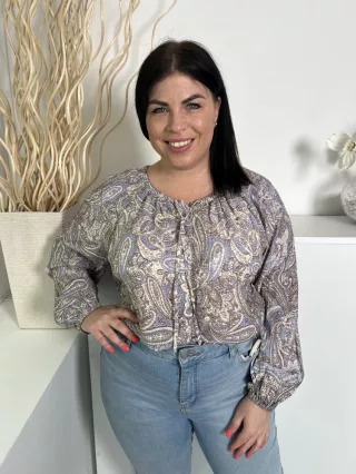   Primark (M) Kék Drapp Mintás Elől Végig Gombos, Nyakban Díszmegkötős Felső