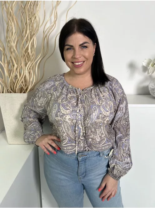 Primark (M) Kék Drapp Mintás Elől Végig Gombos, Nyakban Díszmegkötős Felső