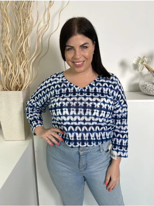 F&F (L) Sötétkék-Fehér Batikolt Mintás, Oldalt Sliccelt V Kivágású Felső