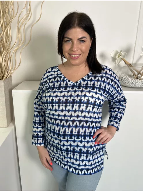 F&F (L) Sötétkék-Fehér Batikolt Mintás, Oldalt Sliccelt V Kivágású Felső