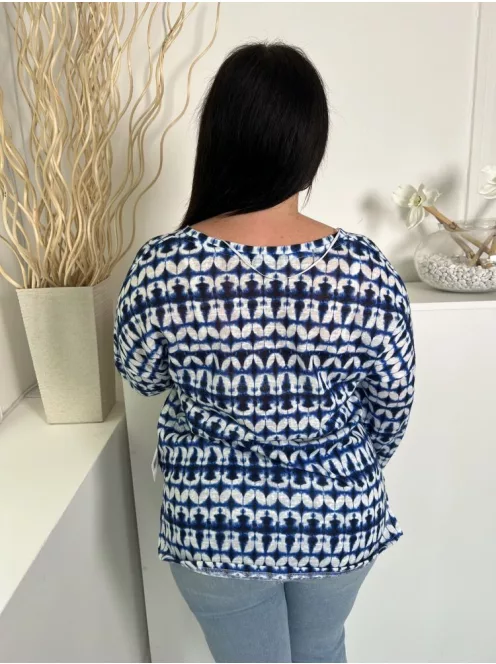 F&F (L) Sötétkék-Fehér Batikolt Mintás, Oldalt Sliccelt V Kivágású Felső