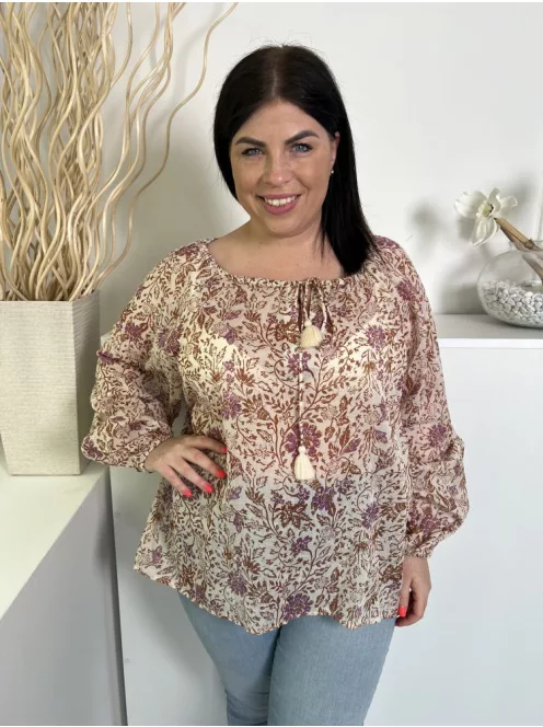 Primark (M) Drapp Színes Virágos, Nyakban Díszmekötős Enyhén Áttetsző, Gumis Ujjvégű Felső