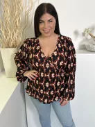 By Very (L) Fekete Drapp-Rozsda Mintás, Pliszírozott Mellnél Átlapolt, Gumis Ujjvégű Felső