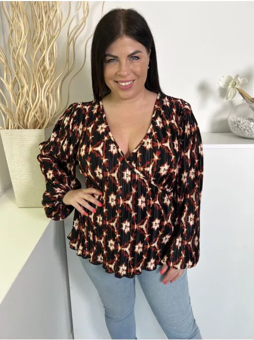 By Very (L) Fekete Drapp-Rozsda Mintás, Pliszírozott Mellnél Átlapolt, Gumis Ujjvégű Felső